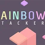 Κείμενο με χρωματιστά γράμματα RAINBOW STACKER σε γκρι φόντο με ροζ και μοβ κύβους