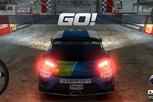 Rally Point Ένα αγωνιστικό αυτοκίνητο σε πίστα με φωτισμένα πίσω φώτα και τη λέξη GO!