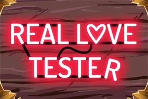 Φωτεινή επιγραφή νέον με τη φράση REAL LOVE TESTER πάνω σε ξύλινο φόντο