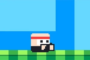 Μικρός, τετράγωνος, pixel χαρακτήρας με κόκκινη κορδέλα σε τοπίο με μπλε ουρανό και πράσινο έδαφος