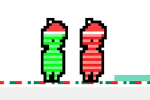 Δύο pixel art χαρακτήρες, ένας πράσινος και ένας κόκκινος ριγέ, στέκονται δίπλα σε μια λωρίδα πολύχρωμων πλακιδίων
