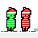 Δύο pixel art χαρακτήρες, ένας πράσινος και ένας κόκκινος ριγέ, στέκονται δίπλα σε μια λωρίδα πολύχρωμων πλακιδίων