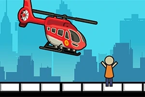 Κόκκινο ελικόπτερο στον αέρα πάνω από μια φιγούρα σε αστικό τοπίο με μπλε ουρανό