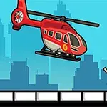 Κόκκινο ελικόπτερο στον αέρα πάνω από μια φιγούρα σε αστικό τοπίο με μπλε ουρανό