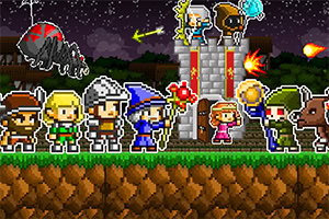 Μια ομάδα χαρακτήρων σε pixel art μπροστά από ένα κάστρο με νυχτερινό ουρανό, κάνοντας μαγικές επιθέσεις