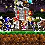 Μια ομάδα χαρακτήρων σε pixel art μπροστά από ένα κάστρο με νυχτερινό ουρανό, κάνοντας μαγικές επιθέσεις