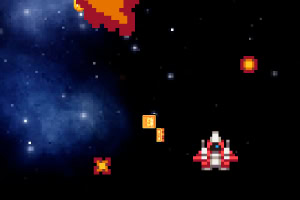 Διαστημικό σκάφος σε θέση βολής με pixelated γραφικά, κόντρα σε διαστημικό φόντο με αστέρια