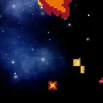 Διαστημικό σκάφος σε θέση βολής με pixelated γραφικά, κόντρα σε διαστημικό φόντο με αστέρια