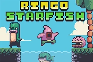 Διακοσμητική εικονογράφησή με pixel art, που δείχνει χαρακτήρες όπως έναν αστερία που πηδάει και διάφορα άλλα καρτουνίστικα θαλάσσια πλάσματα, με φόντο τίτλο με γράμματα σε έντονα χρώματα