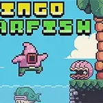Διακοσμητική εικονογράφησή με pixel art, που δείχνει χαρακτήρες όπως έναν αστερία που πηδάει και διάφορα άλλα καρτουνίστικα θαλάσσια πλάσματα, με φόντο τίτλο με γράμματα σε έντονα χρώματα
