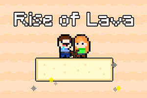 Δύο χαρακτήρες σε στυλ pixel art στέκονται πάνω σε πλατφόρμα, με την επιγραφή Rise of Lava από πάνω