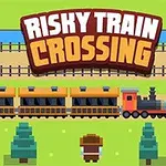Ένα pixel art τρένο περνά στις ράγες με φόντο έναν χαρακτήρα και δέντρα, κάτω από τον τίτλο Risky Train Crossing