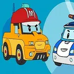 Κινούμενα σχέδια με ένα κίτρινο πυροσβεστικό αυτοκίνητο δίπλα σε ένα μπλε αστυνομικό αυτοκίνητο με χαρούμενες εκφράσεις