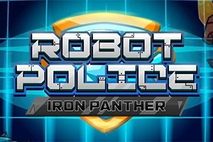 Φουτουριστικό λογότυπο με τη φράση ROBOT POLICE IRON PANTHER σε φόντο μπλε γραμμών και ασπίδα