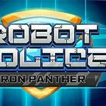 Φουτουριστικό λογότυπο με τη φράση ROBOT POLICE IRON PANTHER σε φόντο μπλε γραμμών και ασπίδα