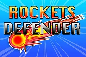Σύνθεση με λέξεις ROCKETS DEFENDER πάνω από ένα κινούμενο γραφικό μετεωρίτη σε μπλε φόντο