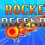 Σύνθεση με λέξεις ROCKETS DEFENDER πάνω από ένα κινούμενο γραφικό μετεωρίτη σε μπλε φόντο