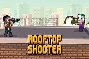 Δύο pixelated χαρακτήρες με όπλα σε μια ταράτσα, με φόντο αστικά κτίρια και τον τίτλο ROOFTOP SHOOTER