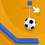 Μια μαύρη και άσπρη ποδοσφαιρική μπάλα κρέμεται από ένα σχοινί με μπλε τετράγωνο φόντο σε πορτοκαλί φόντο με λευκό βέλος σε σχήμα χεριού