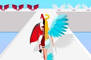 Μια φιγούρα με μισό σώμα αγγέλου και μισό σώμα διαβόλου περπατά σε έναν διάδρομο, με φτερά και ουρά, με φόντο κόκκινα και λευκά φτερά