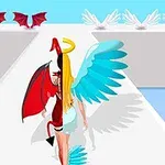 Μια φιγούρα με μισό σώμα αγγέλου και μισό σώμα διαβόλου περπατά σε έναν διάδρομο, με φτερά και ουρά, με φόντο κόκκινα και λευκά φτερά