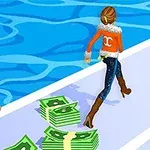 Δύο χαρακτήρες περπατούν σε μια διαδρομή δίπλα σε δεσμίδες χρημάτων, με φόντο το μπλε σχέδιο που μοιάζει με νερό