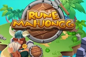 Λογότυπο με την επιγραφή Rune Mahjongg σε φόντο με νησί, φοίνικες και διάφορα αντικείμενα