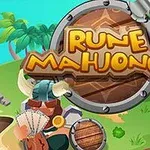Λογότυπο με την επιγραφή Rune Mahjongg σε φόντο με νησί, φοίνικες και διάφορα αντικείμενα