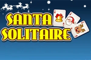 Τίτλος Santa Solitaire με εικόνες τριών Χριστουγεννιάτικων τραπουλόχαρτων και έλκηθρο με ταράνδους σε μπλε φόντο