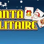 Τίτλος Santa Solitaire με εικόνες τριών Χριστουγεννιάτικων τραπουλόχαρτων και έλκηθρο με ταράνδους σε μπλε φόντο