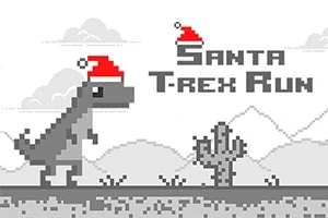 Δεινόσαυρος σε pixel art με καπέλο Άγιου Βασίλη δίπλα σε κάκτο, με φόντο ορεινό τοπίο και κείμενο Santa T-Rex Run