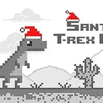 Δεινόσαυρος σε pixel art με καπέλο Άγιου Βασίλη δίπλα σε κάκτο, με φόντο ορεινό τοπίο και κείμενο Santa T-Rex Run