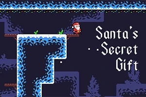 Ένας pixelated Άγιος Βασίλης στέκεται σε ένα χιονισμένο επίπεδο με το κείμενο Santas Secret Gift