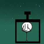 Ένα σκίτσο με έναν μικρό ανθρωπάκο μέσα σε ένα τετράγωνο κλουβί, με πράσινο φόντο και αστέρια