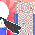 Χαρακτήρας με λευκό κεφάλι και μπλε ρούχα κρατά όπλο μπροστά από διακοσμητική καγκελόπορτα, με κόκκινο ακτινωτό φόντο