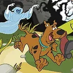 Δυο χαρακτήρες κινουμένων σχεδίων τρέχουν τρομαγμένοι, ακολουθούμενοι από ένα φάντασμα σε ένα σκοτεινό δάσος