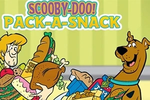 Scooby-Doo! Pack-a-Snack Σκίτσο με έναν άνδρα και έναν καφέ σκύλο να κρατούν φαγητά, με φόντο τίτλο σε κίτρινο και πράσινο χρώμα