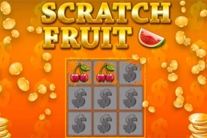 Κίτρινο φόντο με την επιγραφή Scratch Fruit και σύμβολα φρούτων και νομισμάτων