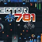 Διαστημική σκηνή με ρομποτικούς εχθρούς, pixel γραφικά και κεντρικό κείμενο Sector 781
