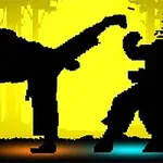 Δύο σιλουέτες ατόμων σε μάχη με έντονο κίτρινο φόντο, ο ένας κλωτσάει τον άλλον στο κεφάλι