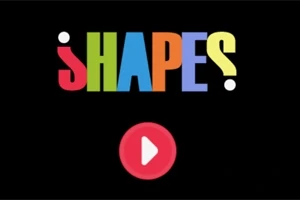 Χρωματιστή λέξη με γράμματα SHAPES πάνω σε μαύρο φόντο και κόκκινο κουμπί με σύμβολο αναπαραγωγής