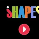 Χρωματιστή λέξη με γράμματα SHAPES πάνω σε μαύρο φόντο και κόκκινο κουμπί με σύμβολο αναπαραγωγής