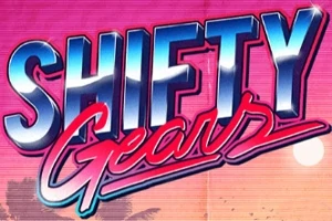 Κείμενο με τη φράση Shifty Gears σε στυλ ρετρό με ροζ και μπλε γράμματα σε ροζ φόντο