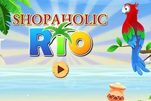 Πολύχρωμος παπαγάλος σε κλαδί, με φόντο θάλασσα και διακόσμηση τροπικού τοπίου με τον τίτλο SHOPAHOLIC RIO