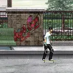 Άνδρας με σκέιτμπορντ κινείται σε αστικό τοπίο με γκράφιτι, παγκάκια και φράκτη στο φόντο