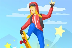 Άτομο με κόκκινο μπουφάν και σκουφί κάνει skateboarding στον αέρα με φόντο αστέρια και σύννεφα
