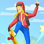 Άτομο με κόκκινο μπουφάν και σκουφί κάνει skateboarding στον αέρα με φόντο αστέρια και σύννεφα