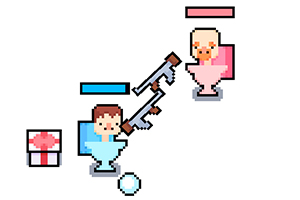 Δύο pixel art χαρακτήρες σε τουαλέτες με όπλα και μία συσκευασμένη δώρο στο πλάι