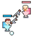 Δύο pixel art χαρακτήρες σε τουαλέτες με όπλα και μία συσκευασμένη δώρο στο πλάι