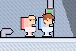 Δύο χαρακτήρες σε ρετρό στυλ pixel κάθονται σε τουαλέτες με φόντο μπλε και γκρι αποχρώσεις